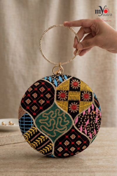 Multicolor Hand Embroidered Round Clutch Bag – Designer Ethnic Potli with Premium Finish