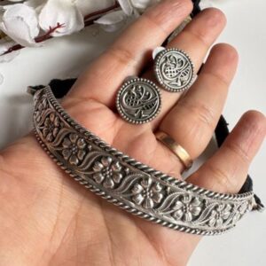 Vrinda Heritage Oxidised Choker Set – Handcrafted Floral Silver Tone Statement Jewellery